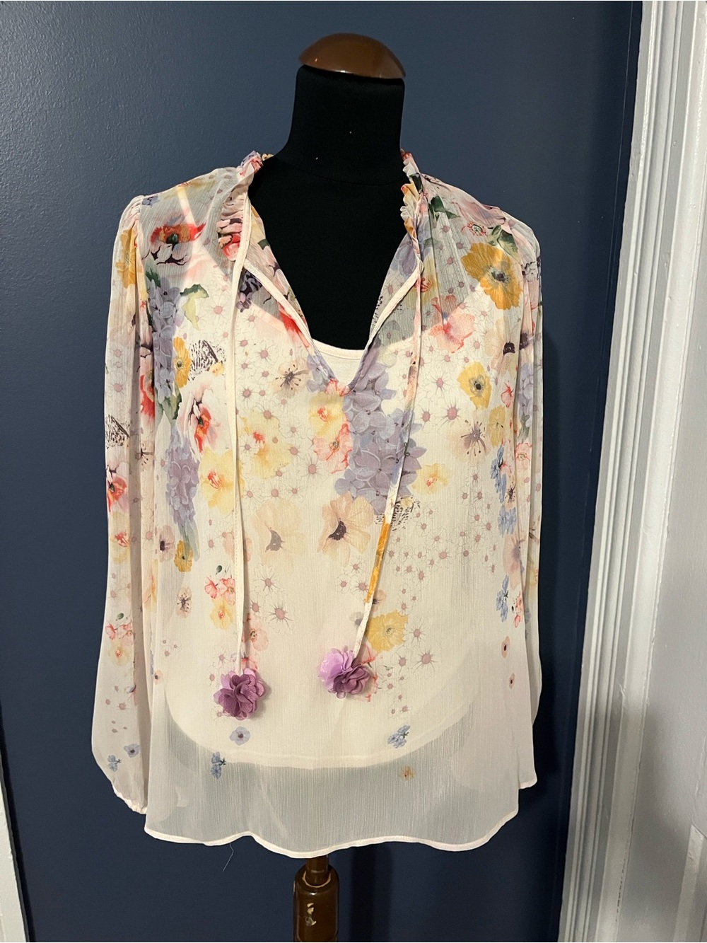 Rachel Zoe Cream Sheer Floral Tie-Neck Blouse with Pastel Accents
